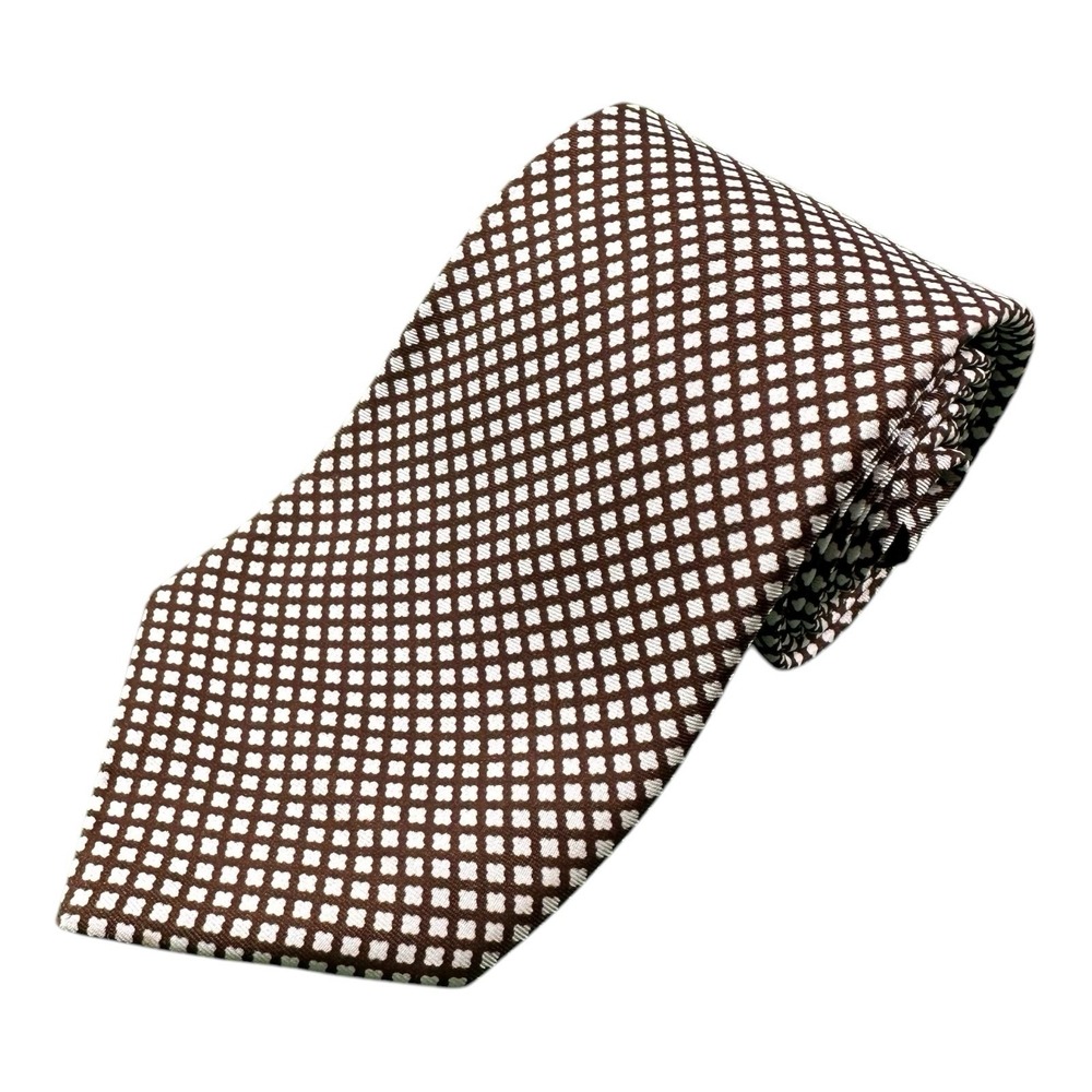 Kiton Napoli Brown Geometric White Pure Silk Mens Tie 3.75 Inch Width